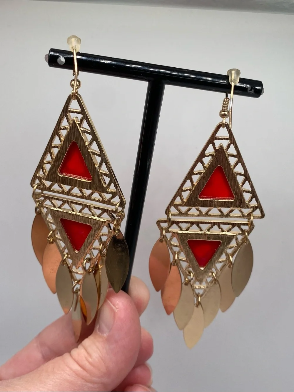 Bohemian Gold-Tone Red Triangle Dangle Earrings